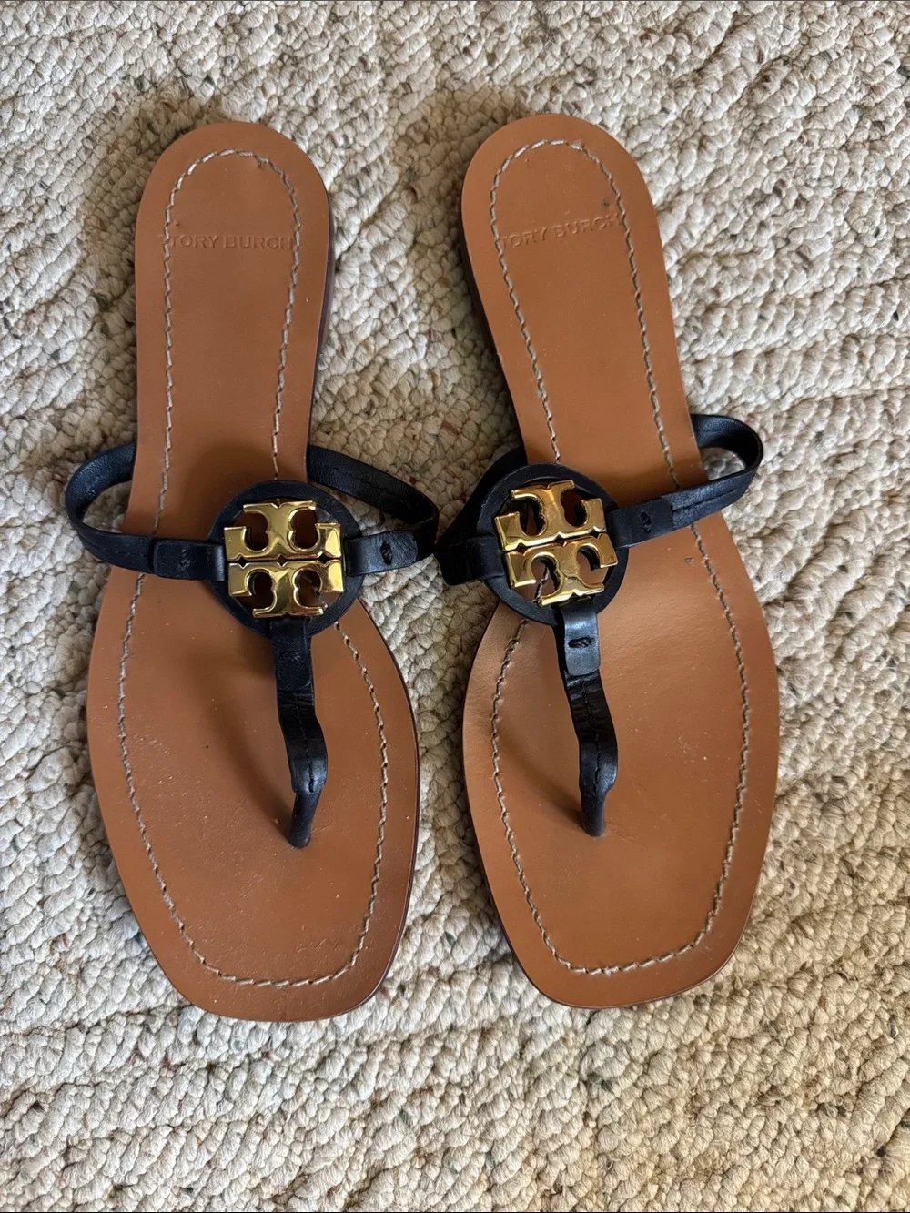 Tory Burch Black Leather Sandals with Gold Logo on Tan Footbed